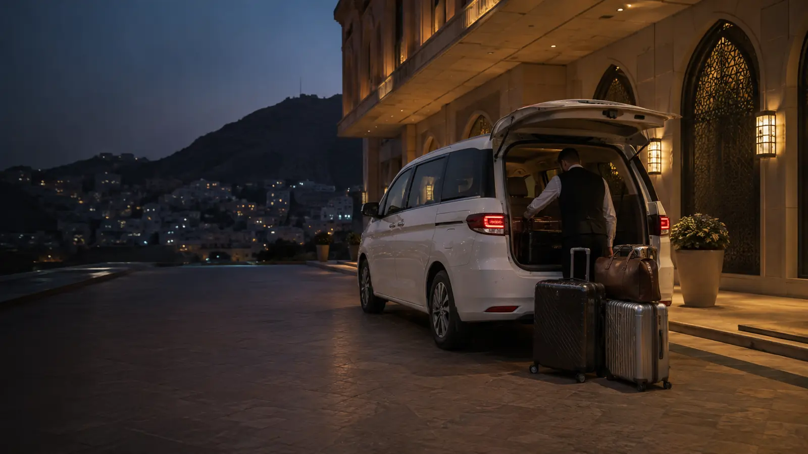 Private Umrah transfer vehicle with passenger luggage at a Makkah hotel